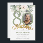 Invitation Photo florale Sage and Gold 80th Birthday<br><div class="desc">Sage and Gold Floral Photo 80th Birthday Invitation. Célébrez un moment marquant avec cette invitation intemporelle à fêter un anniversaire fleuri avec des fleurs d'aquarelle douce, d'élégants accents verts de sauge et un script d'or luxueux. Un espace photo personnalisable en fait un espace personnel unique, parfait pour honorer votre invité...</div>