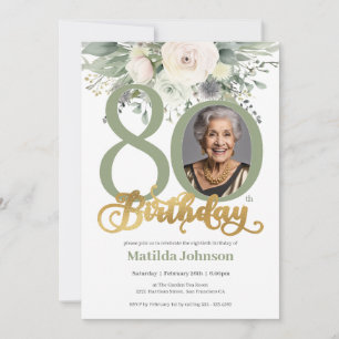 Invitation Photo florale Sage and Gold 80th Birthday