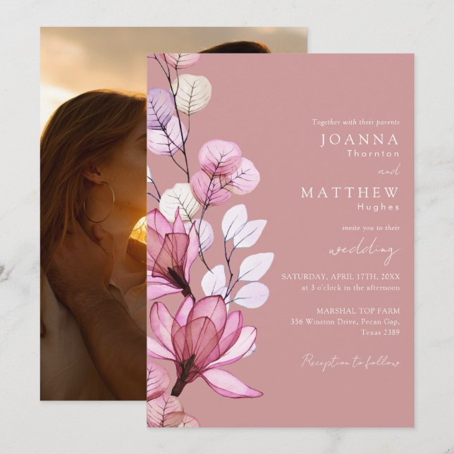 Invitation Photo florale transparente Dusty Rose Mariage (Devant / Derrière)
