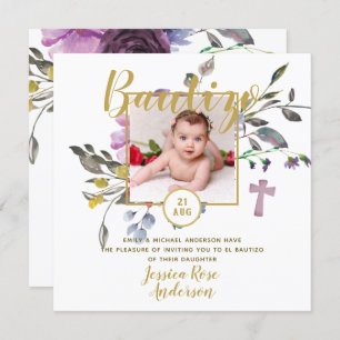 Invitation Photo Florale violet Bautizo Invitacion Espagnol