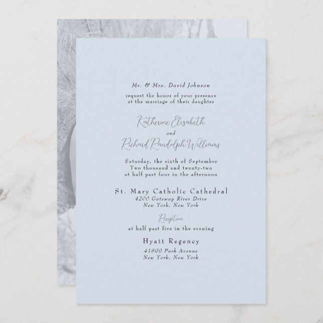 Invitation Photo Formelle Dusty Blue Bride Parents Mariage (Devant / Derrière)