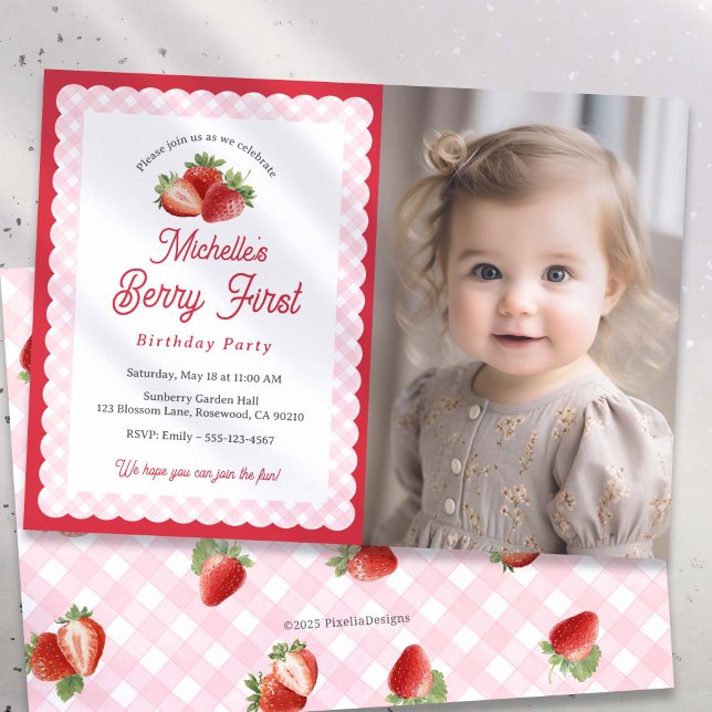 Invitation Photo framé de rose sucrée-framboise rose à carrea (Berry first photo invitation.)