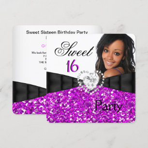 Invitation Photo Fuchsia Paillettes Sweet 16 Fête d'anniversa