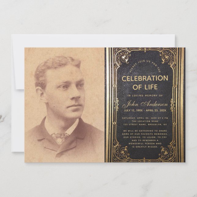 Invitation Photo funéraire Vintage Black Gold Life Celebratio (Devant)