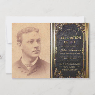 Invitation Photo funéraire Vintage Black Gold Life Celebratio