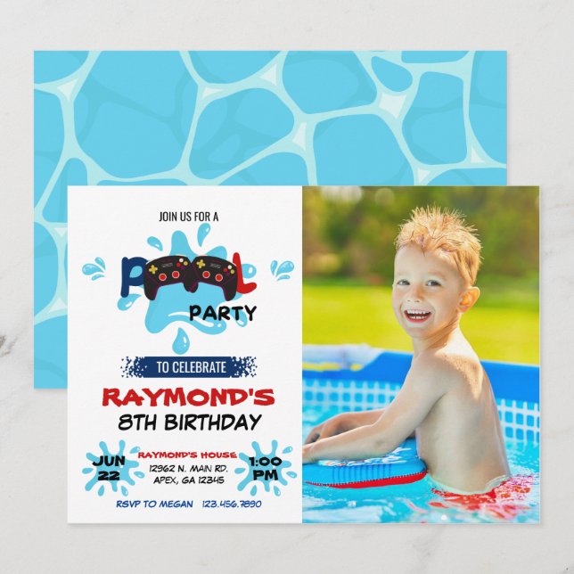 Invitation Photo Gamer Pool Party Anniversaire (Devant / Derrière)