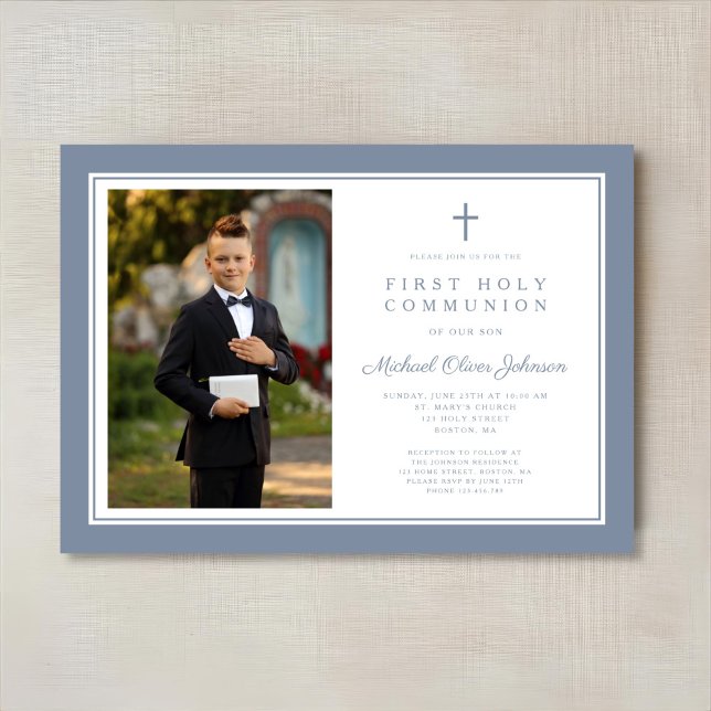 Invitation Photo Garçon Première Communion Croix Bleu Poussié (Modern Dusty Blue Cross Boy Photo First Communion Invitation)