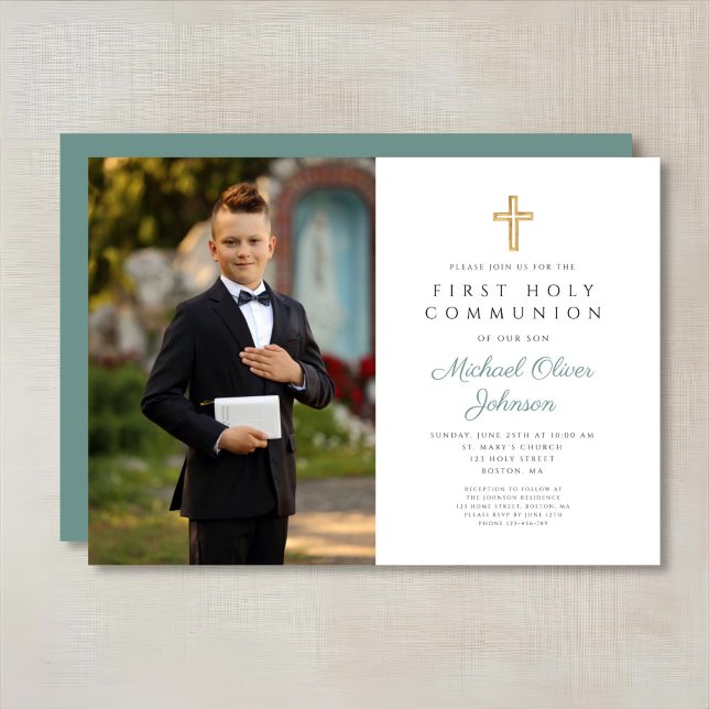 Invitation Photo Garçon Première Communion Croix Verte Élégan (Elegant Green Cross Photo Boy First Communion Invitation)