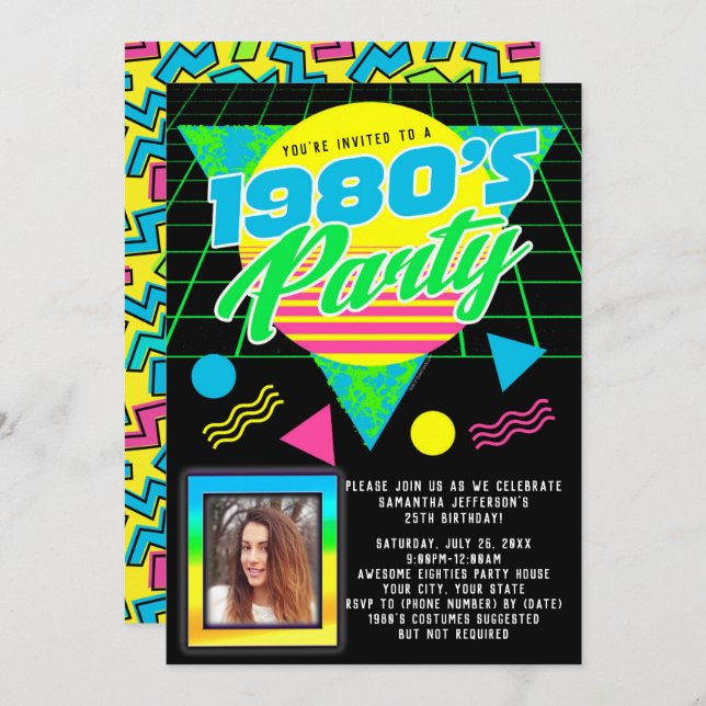 Invitation Photo Géométrique 1980s Retro 80s Anniversaire (Devant / Derrière)