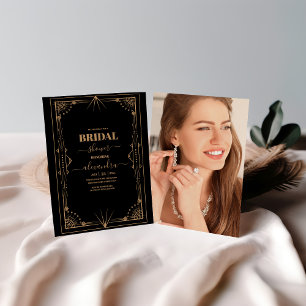 Invitation Photo Géométrique Black Gold Gatsby Fête des marié