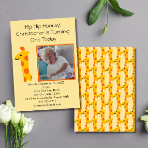 Invitation Photo Girafe Orange et Jaune 1er Anniversaire