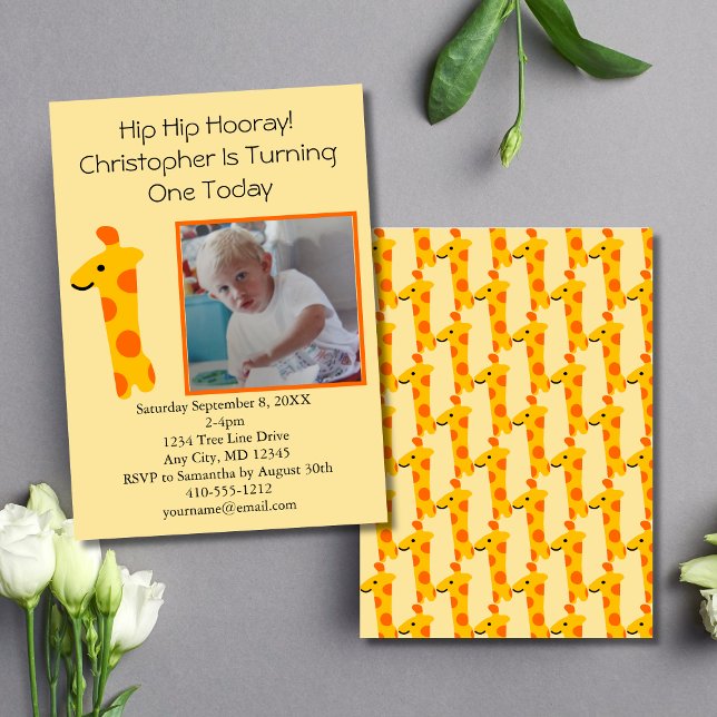 Invitation Photo Giraffe Orange et Jaune 1er anniversaire (Photo Giraffe 1st Birthday Invitation, Yellow Orange, Printed or Digital Download)