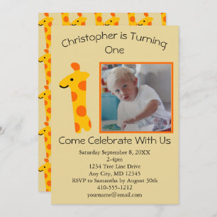 Invitation Photo Giraffe Orange et Jaune 1er anniversaire