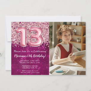 Invitation Photo Girl Magenta Parties scintillant rose 13e an