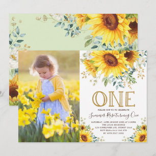 Invitation Photo Girl Watercolor Tournesol 1er anniversaire