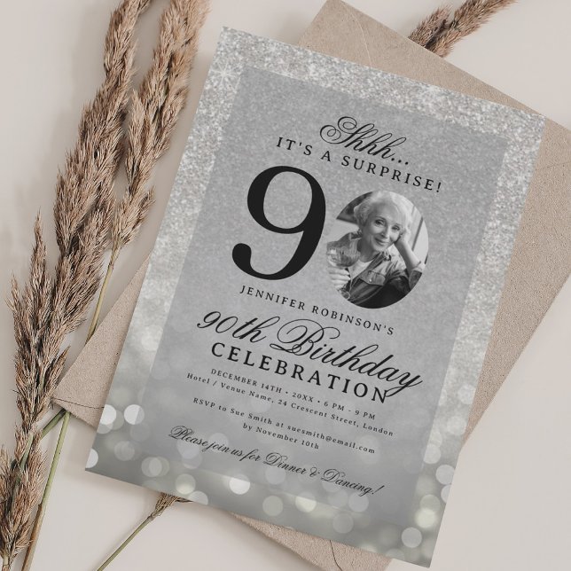 Invitation Photo Glam 90e Anniversaire Silver SURPRISE  (Silver SURPRISE Photo Glam 90th Birthday Invitation)