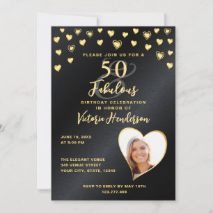 Invitation Photo Glam Black & Gold 50 et Fabuleux anniversair
