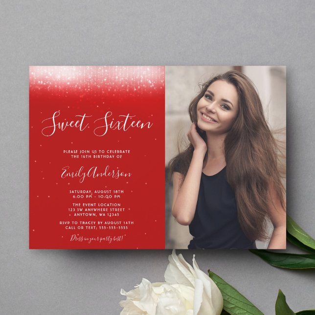 Invitation Photo Glam Red Sweet 16 (Créateur téléchargé)