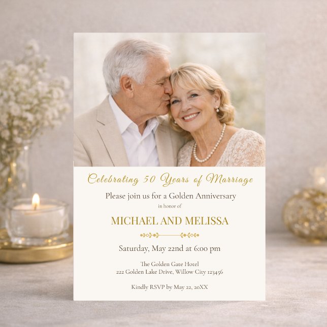 Invitation Photo Gold 50th Anniversary Elegant Couple (Soft candlelight highlights this romantic 50th anniversary invitation design)
