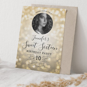 Invitation PHOTO Gold Bokeh Lights Sweet 16 Party