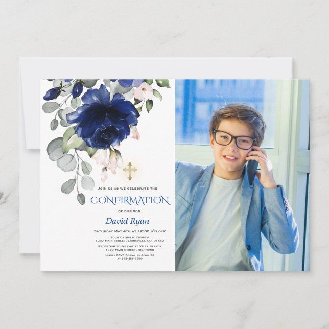 Invitation Photo Gold Confirmatio Marine Blue Floral Boy (Devant)