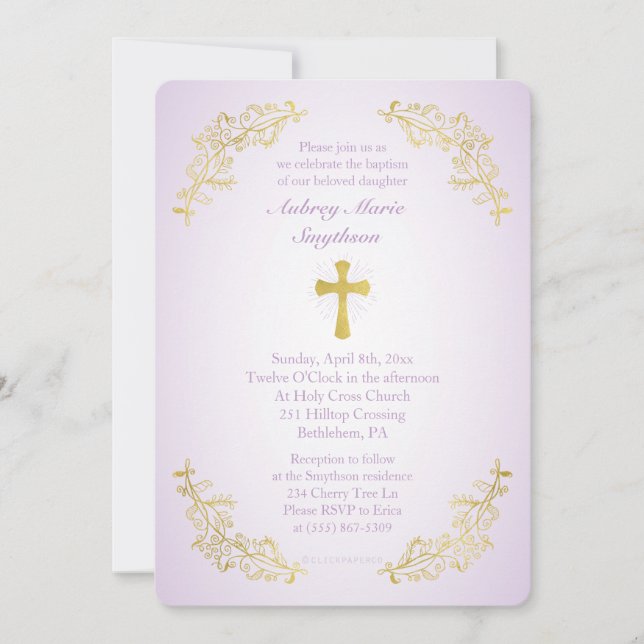 Invitation photo Gold Cross Purple Baptism (Devant)