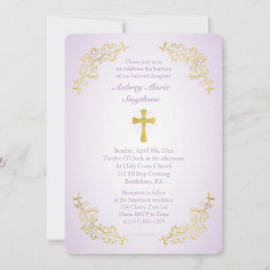 Invitation photo Gold Cross Purple Baptism