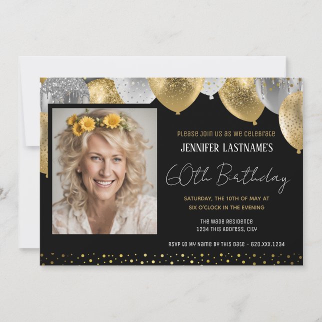Invitation photo Gold et Black 60th Birthday (Devant)