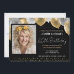 Invitation photo Gold et Black 60th Birthday<br><div class="desc">Ballons élégants en faux argent et en parties scintillant d'or sur la bordure supérieure. Tout le texte est ajustable et facile à changer pour vos besoins de partie. Grand élégant enregistrer la date anniversaire conception modèle de fête. chaque année,  l'âge peut être changé</div>