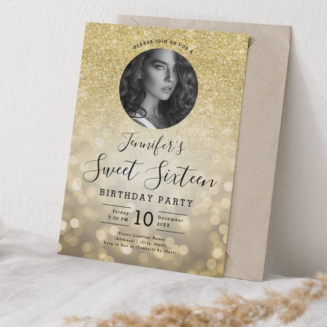 Invitation PHOTO Gold Parties scintillant Bokeh Lights Sweet  (PHOTO Gold Glitter Bokeh Lights Sweet 16 Party Invitation)