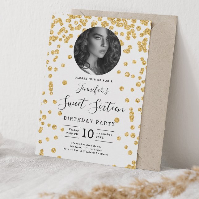 Invitation PHOTO Gold Parties scintillant Confetti Sweet 16 P (PHOTO Gold Glitter Confetti Sweet 16 Party Invitation)