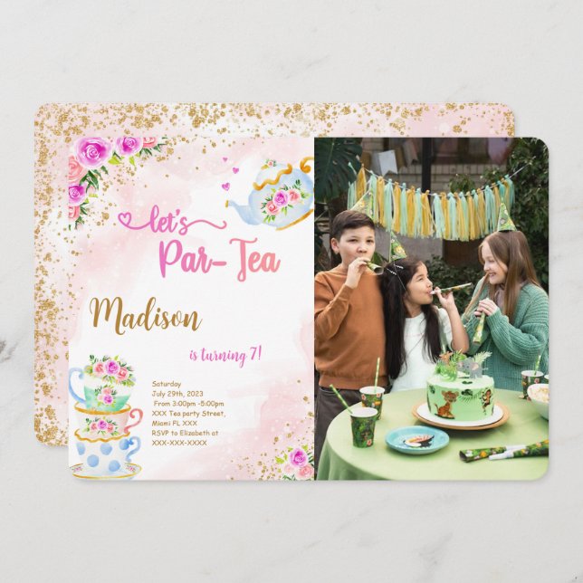 Invitation photo Gold & Pink Tea Party (Devant / Derrière)