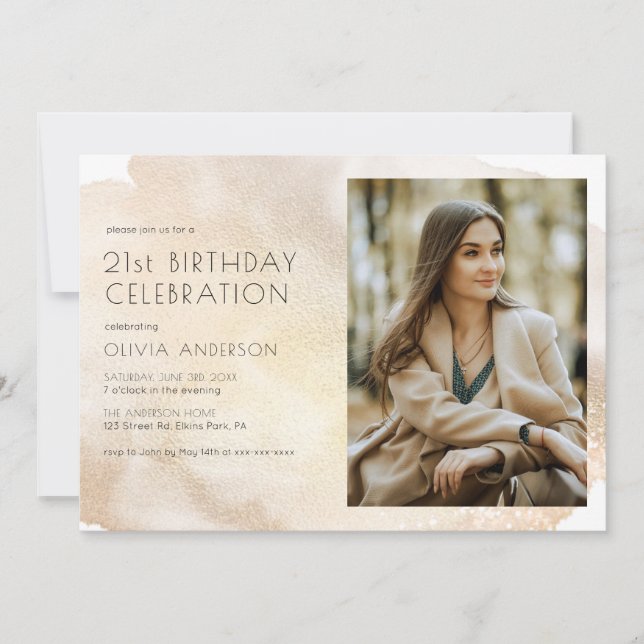 Invitation Photo Gold Watercolor 21e fête d'anniversaire (Devant)