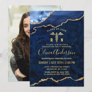 Invitation Photo Golden Blue Nursing School Graduation Party