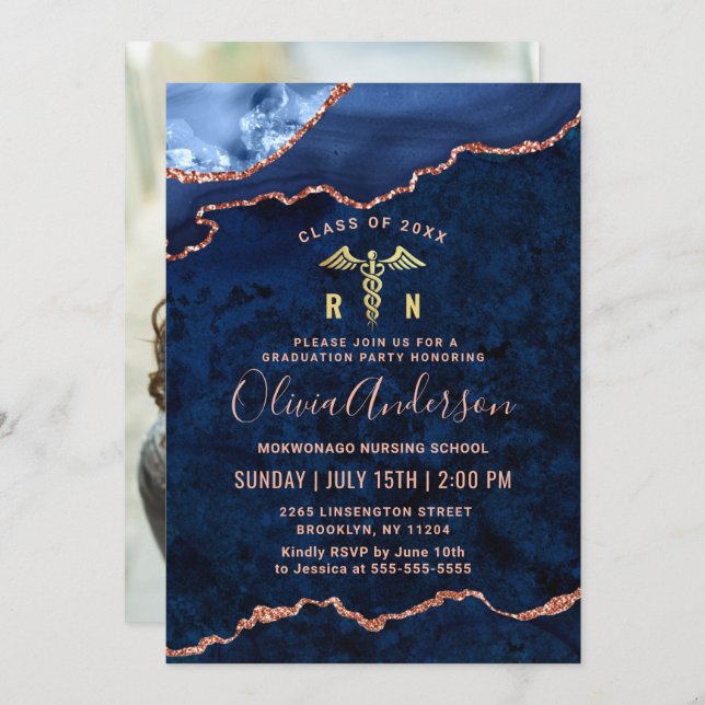 Invitation Photo Golden Blue Nursing School Graduation Party (Devant / Derrière)