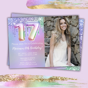 Invitation Photo gouttes de paillettes rose violet pour 17e a