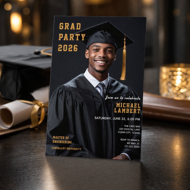 Invitation photo Grad Party 2026 (Modern Class of 2026 graduation party invitation with photo and elegant gold design)