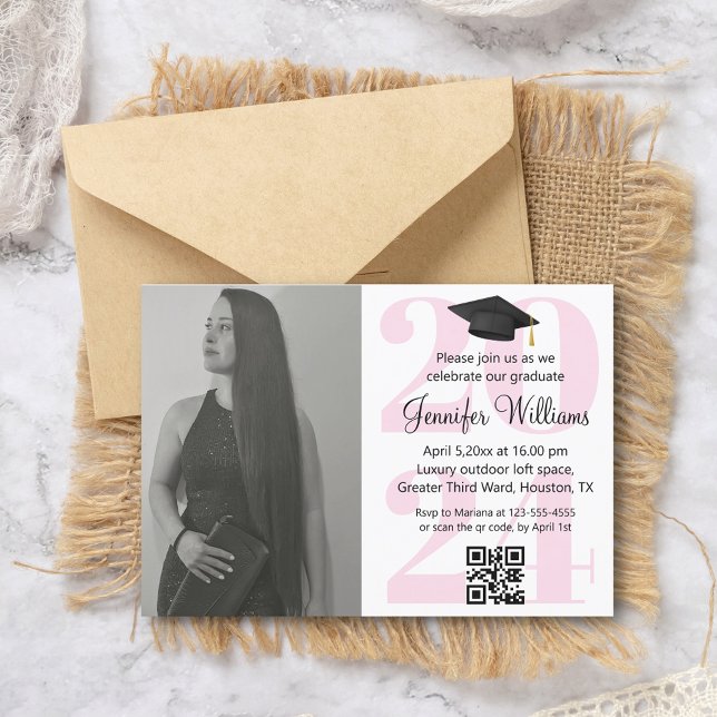 Invitation photo graduation 2024 parti qr code minimum rose (Créateur téléchargé)