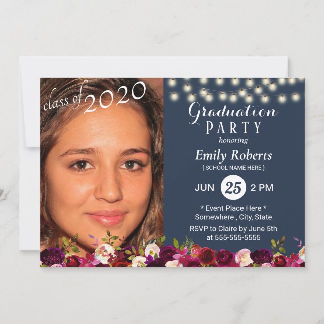 Invitation Photo Graduation Burgundy Rouge Floral Marine Bleu (Devant)