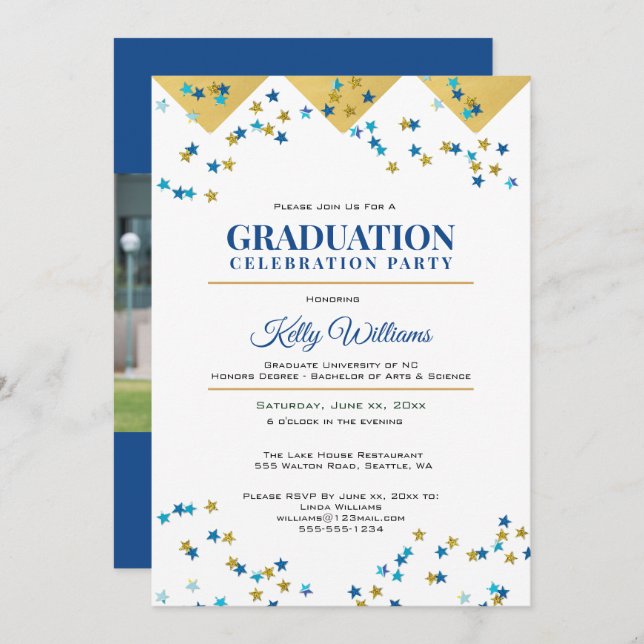 Invitation Photo Graduation Celebration Party, Or, Bleu, (Devant / Derrière)