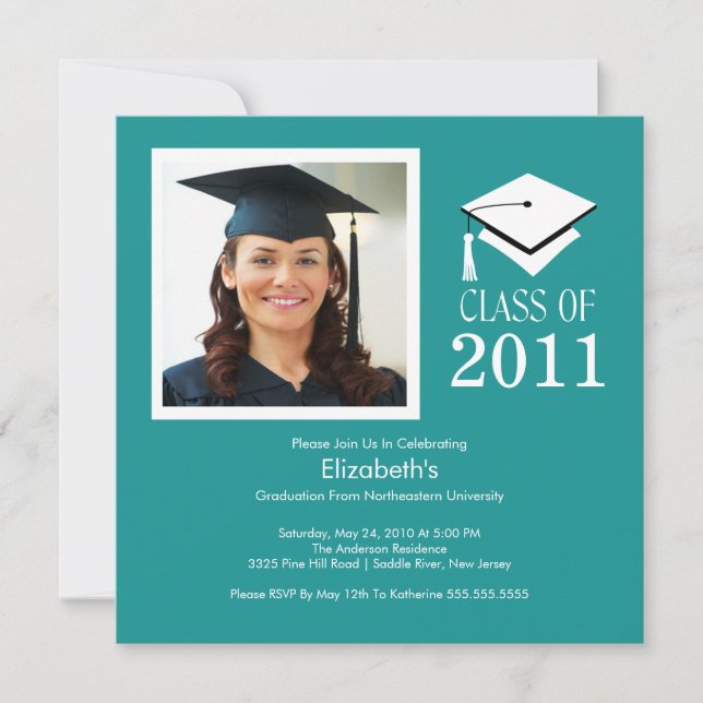 Invitation photo Graduation Classy Turquoise White (Devant)