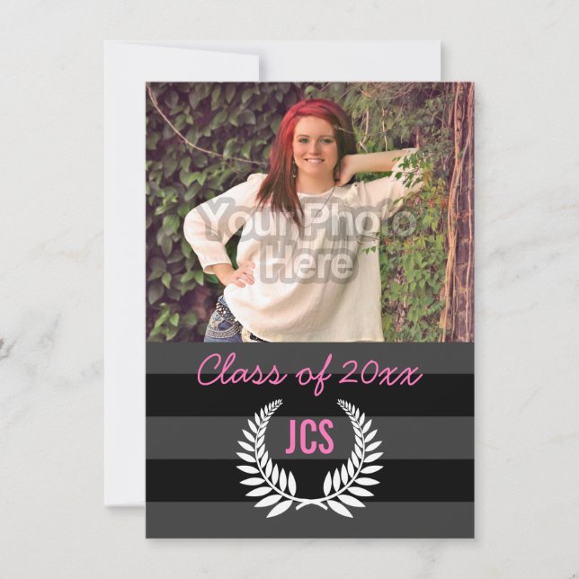 Invitation Photo Graduation Monogramme Rose noir Preppy Girl' (Devant)