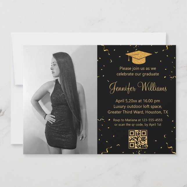 Invitation photo graduation party qr code confetti noir or (Devant)