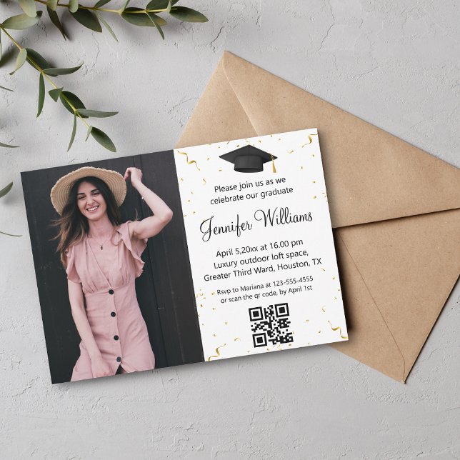 Invitation photo graduation party qr code rsvp confetti (Créateur téléchargé)