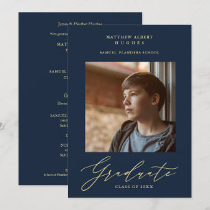 Invitation Photo Gradué Marine Whimsical Moderne Calligraphie