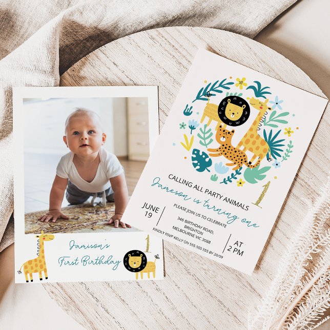 Invitation Photo Green Calling All Party Animaux 1er annivers (Party Animals Safari 1st Birthday Invitation Baby Boy,
Photo Safari Wild One Birthday Invitation )