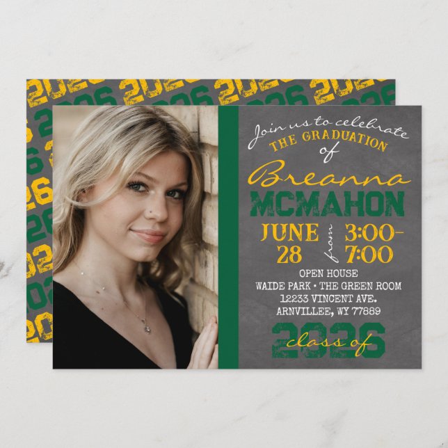 Invitation photo Green & Gold Chalkboard Graduatio (Devant / Derrière)