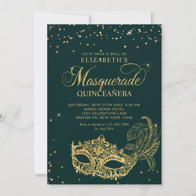 Invitation Photo Green Gold Glitter Masquerade Quinceañera (Devant)
