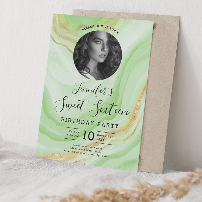 Invitation PHOTO Green Marble Parties scintillant Sweet 16 Pa (PHOTO Green Marble Glitter Sweet 16 Party Invitation)