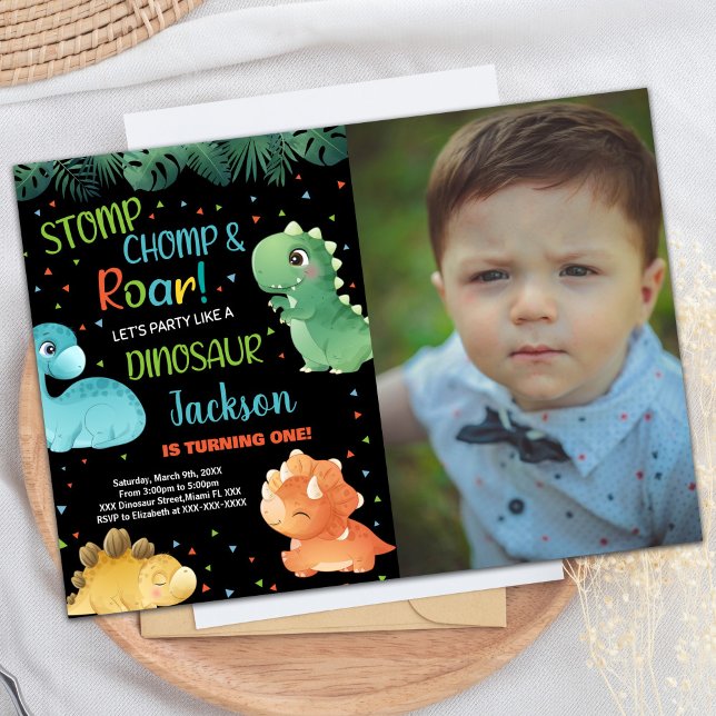 Invitation Photo Green Orange Black Dinosaur Anniversaire (Photo Green Orange Black Dinosaur Birthday Invitation)